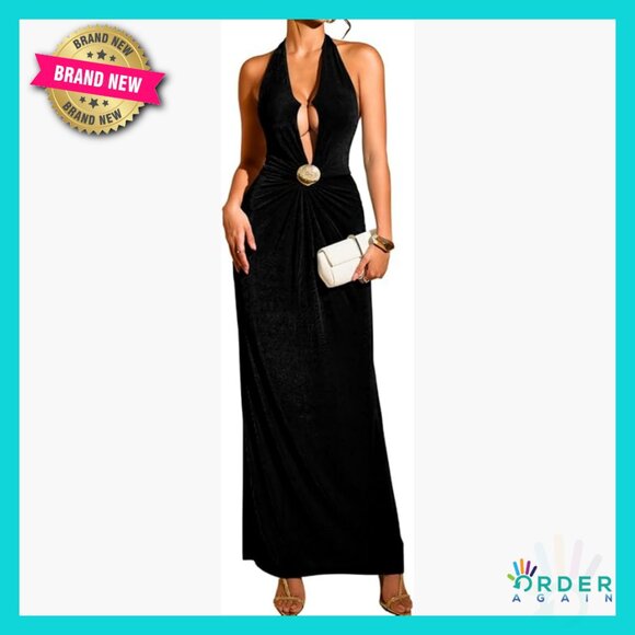 Elegant Backless Halter Maxi Dress Formal Evening Gown Cinched Waist Sheer